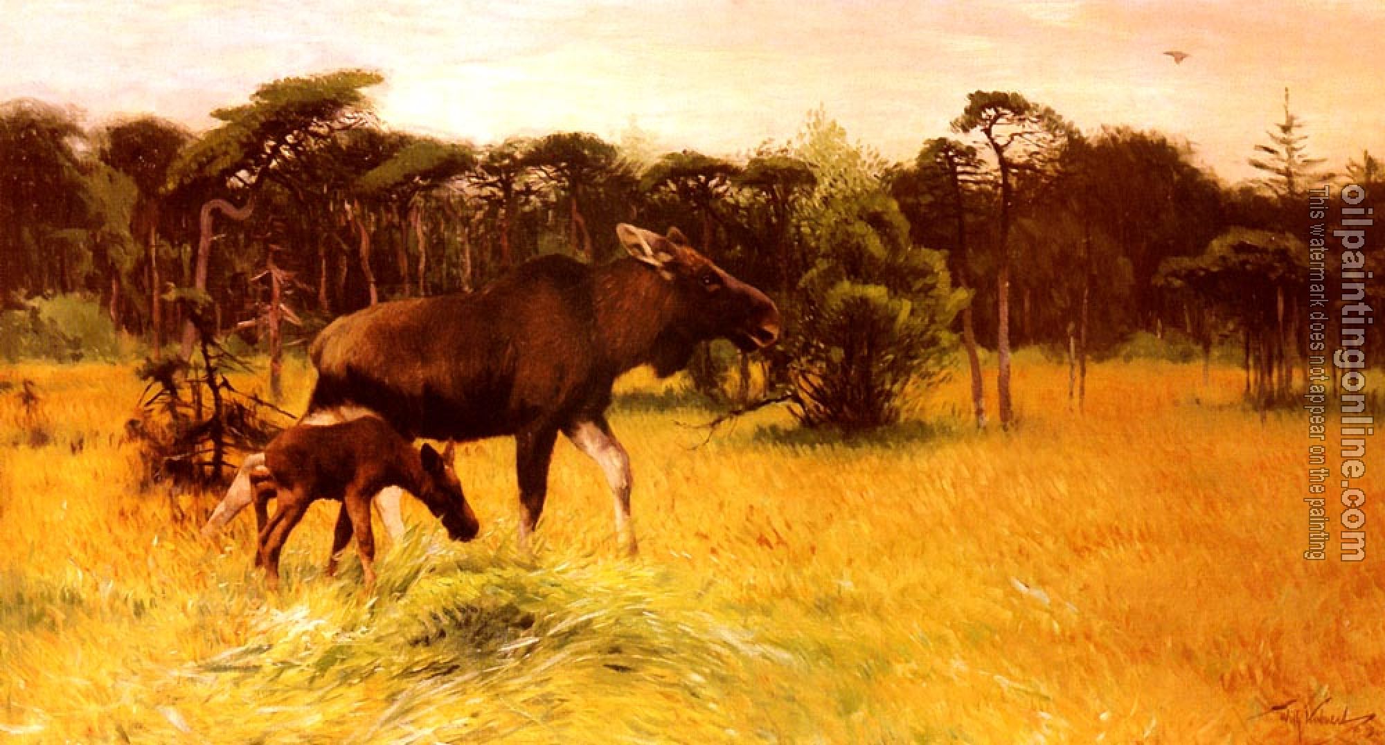 Friedrich Wilhelm Kuhnert - Moose With Her Calf In A Landscape